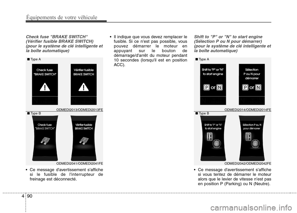 Hyundai Grand Santa Fe 2015  Manuel du propriétaire (in French) 90
4
Équipements de votre véhicule
Check fuse "BRAKE SWITCH"
(Vérifier fusible BRAKE SWITCH)(pour le système de clé intelligente etla boîte automatique)
 Ce message davertissement saffiche si 