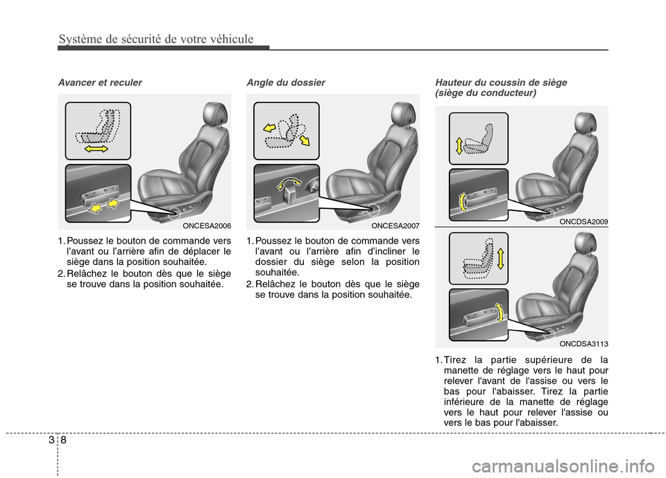 Hyundai Grand Santa Fe 2015  Manuel du propriétaire (in French) Système de sécurité de votre véhicule
8
3
Avancer et reculer
1. Poussez le bouton de commande vers
l’avant ou l’arrière afin de déplacer le 
siège dans la position souhaitée.
2. Relâchez 