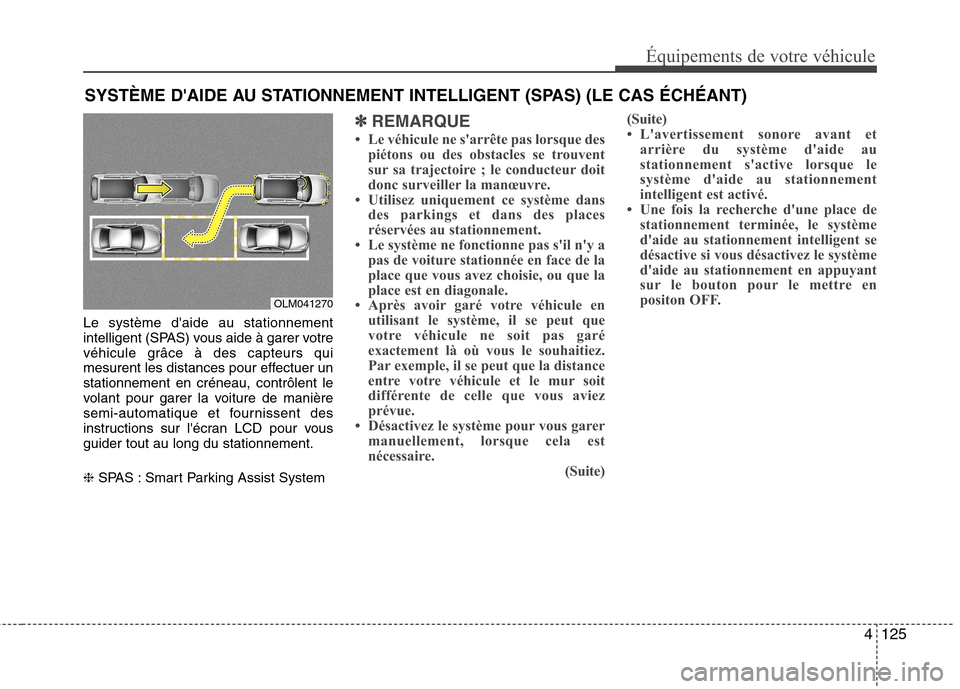 Hyundai Grand Santa Fe 2015  Manuel du propriétaire (in French) 4125
Équipements de votre véhicule
Le système daide au stationnement 
intelligent (SPAS) vous aide à garer votre
véhicule grâce à des capteurs qui
mesurent les distances pour effectuer unstati