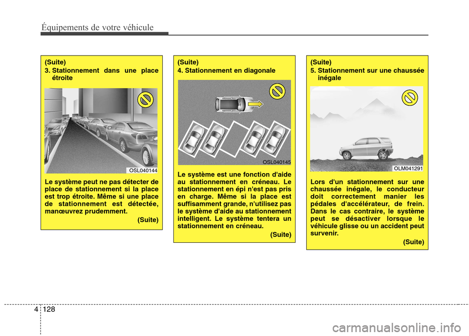 Hyundai Grand Santa Fe 2015  Manuel du propriétaire (in French) Équipements de votre véhicule
128
4
(Suite) 
3. Stationnement dans une place
étroite 
Le système peut ne pas détecter de place de stationnement si la place
est trop étroite. Même si une place
d