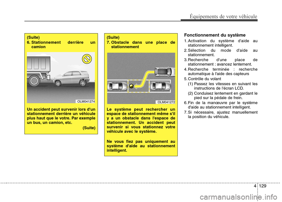 Hyundai Grand Santa Fe 2015  Manuel du propriétaire (in French) 4129
Équipements de votre véhicule
Fonctionnement du système 
1. Activation du système daide austationnement intelligent.
2. Sélection du mode daide au stationnement.
3. Recherche dune place d