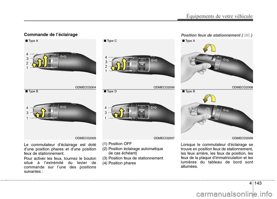 Hyundai Grand Santa Fe 2015  Manuel du propriétaire (in French) 4143
Équipements de votre véhicule
Commande de l’éclairage 
Le commutateur d’éclairage est doté d’une position phares et d’une position
feux de stationnement. 
Pour activer les feux, tour