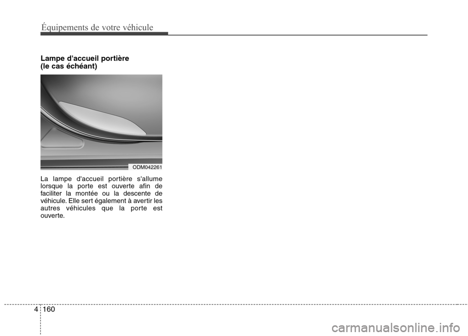 Hyundai Grand Santa Fe 2015  Manuel du propriétaire (in French) Équipements de votre véhicule
160
4
Lampe daccueil portière 
(le cas échéant) 
La lampe daccueil portière sallume 
lorsque la porte est ouverte afin de
faciliter la montée ou la descente de
