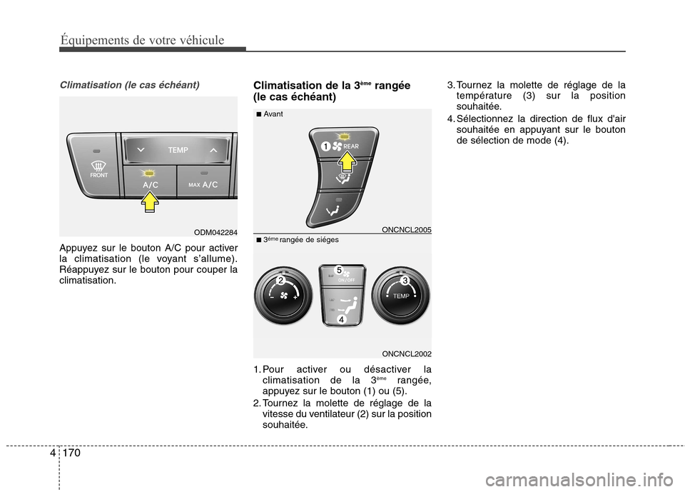 Hyundai Grand Santa Fe 2015  Manuel du propriétaire (in French) 170
4
Équipements de votre véhicule
Climatisation (le cas échéant)
Appuyez sur le bouton A/C pour activer 
la climatisation (le voyant s’allume).
Réappuyez sur le bouton pour couper laclimatisa