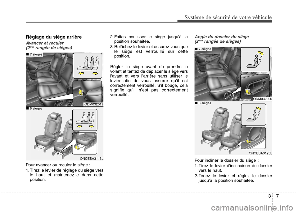 Hyundai Grand Santa Fe 2015  Manuel du propriétaire (in French) 317
Système de sécurité de votre véhicule 
Réglage du siège arrière
Avancer et reculer (2 ème
rangée de sièges)
Pour avancer ou reculer le siège : 
1. Tirez le levier de réglage du siège 