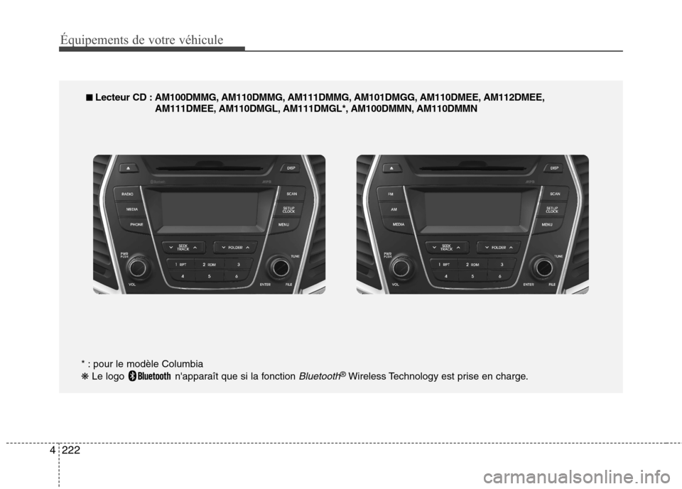 Hyundai Grand Santa Fe 2015 Manuel du propriétaire (in French) 222
4
Équipements de votre véhicule
■■
Lecteur CD : AM100DMMG, AM110DMMG, AM111DMMG, AM101DMGG, AM110DMEE, AM112DMEE,
AM111DMEE, AM110DMGL, AM111DMGL*, AM100DMMN, AM110DMMN
* : pour le modèl Hyundai Grand Santa Fe 2015 Manuel du propriétaire (in French) 222
4
Équipements de votre véhicule
■■
Lecteur CD : AM100DMMG, AM110DMMG, AM111DMMG, AM101DMGG, AM110DMEE, AM112DMEE,
AM111DMEE, AM110DMGL, AM111DMGL*, AM100DMMN, AM110DMMN
* : pour le modèl