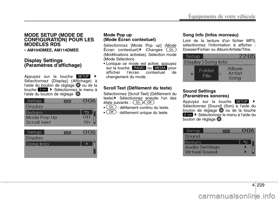 Hyundai Grand Santa Fe 2015  Manuel du propriétaire (in French) 4229
Équipements de votre véhicule
MODE SETUP (MODE DE 
CONFIGURATION) POUR LESMODÈLES RDS  -AM104DMEE, AM114DMEE
Display Settings  
(Paramètres daffichage) 
Appuyez sur la touche  
Sélectionnez