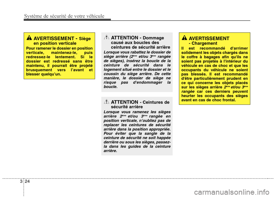 Hyundai Grand Santa Fe 2015  Manuel du propriétaire (in French) Système de sécurité de votre véhicule
24
3
AVERTISSEMENT 
- Chargement
Il est recommandé darrimer 
solidement les objets chargés dans
le coffre à bagages afin quils ne
soient pas projetés à