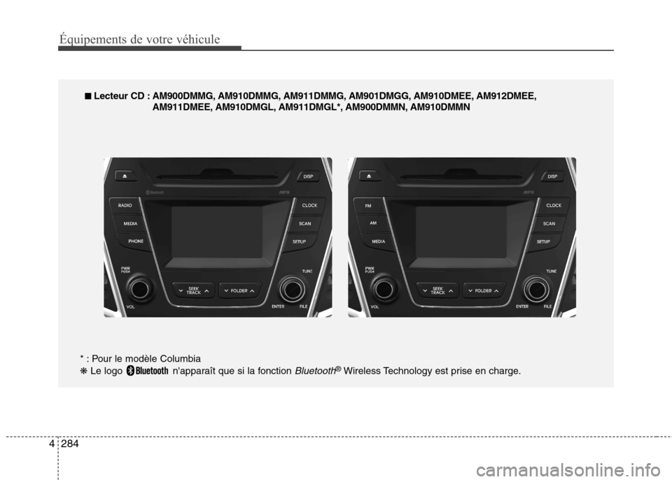 Hyundai Grand Santa Fe 2015 Manuel du propriétaire (in French) 284
4
Équipements de votre véhicule
■■
Lecteur CD : AM900DMMG, AM910DMMG, AM911DMMG, AM901DMGG, AM910DMEE, AM912DMEE,
AM911DMEE, AM910DMGL, AM911DMGL*, AM900DMMN, AM910DMMN
* : Pour le modèl Hyundai Grand Santa Fe 2015 Manuel du propriétaire (in French) 284
4
Équipements de votre véhicule
■■
Lecteur CD : AM900DMMG, AM910DMMG, AM911DMMG, AM901DMGG, AM910DMEE, AM912DMEE,
AM911DMEE, AM910DMGL, AM911DMGL*, AM900DMMN, AM910DMMN
* : Pour le modèl