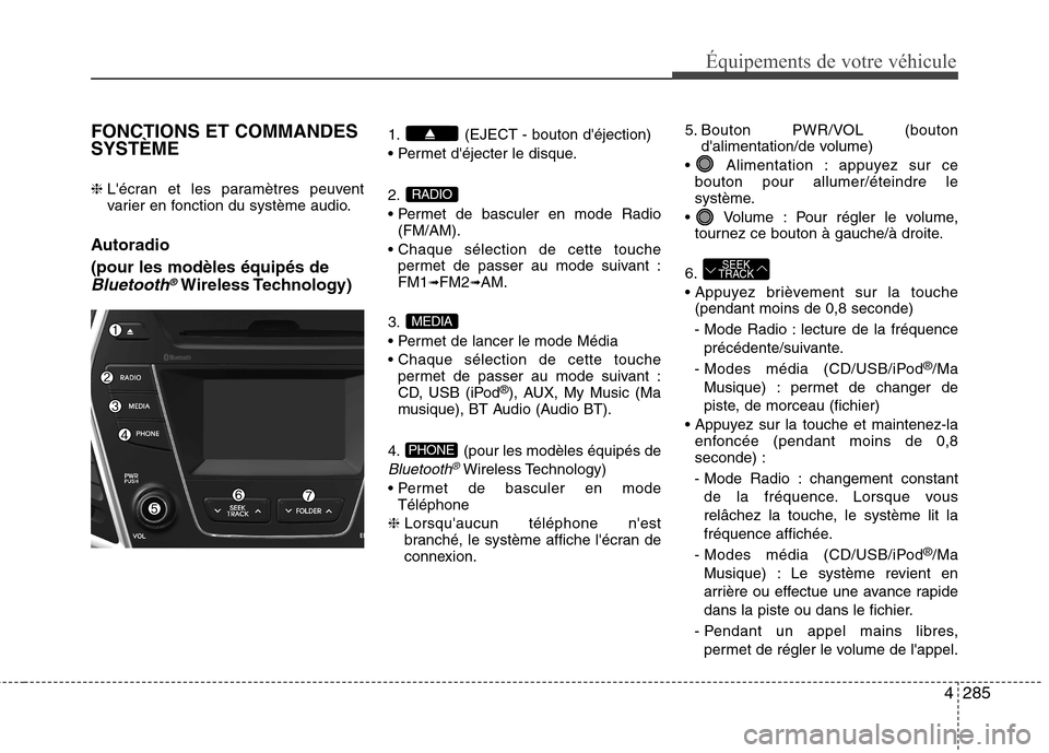 Hyundai Grand Santa Fe 2015 Manuel du propriétaire (in French) 4285
Équipements de votre véhicule
FONCTIONS ET COMMANDES SYSTÈME ❈ Lécran et les paramètres peuvent
varier en fonction du système audio.
Autoradio (pour les modèles équipés de
Bluetooth Hyundai Grand Santa Fe 2015 Manuel du propriétaire (in French) 4285
Équipements de votre véhicule
FONCTIONS ET COMMANDES SYSTÈME ❈ Lécran et les paramètres peuvent
varier en fonction du système audio.
Autoradio (pour les modèles équipés de
Bluetooth