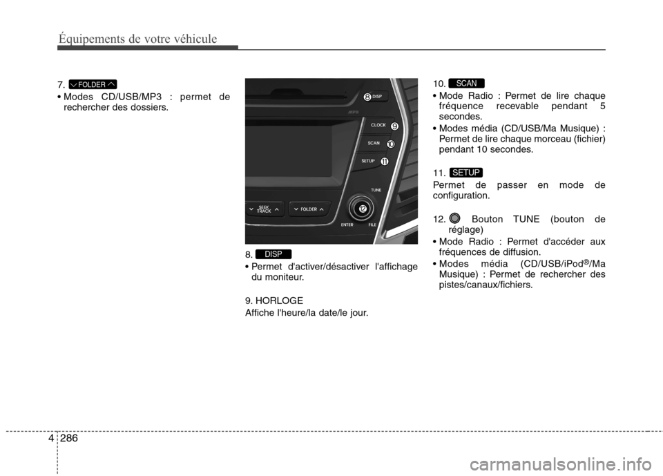 Hyundai Grand Santa Fe 2015 Manuel du propriétaire (in French) 286
4
Équipements de votre véhicule
7.
permet de
rechercher des dossiers.
8.
du moniteur.
9. HORLOGE
Affiche lheure/la date/le jour. 10.
Permet de lire chaque
fréquence recevable pendant 5
sec Hyundai Grand Santa Fe 2015 Manuel du propriétaire (in French) 286
4
Équipements de votre véhicule
7.
permet de
rechercher des dossiers.
8.
du moniteur.
9. HORLOGE
Affiche lheure/la date/le jour. 10.
Permet de lire chaque
fréquence recevable pendant 5
sec