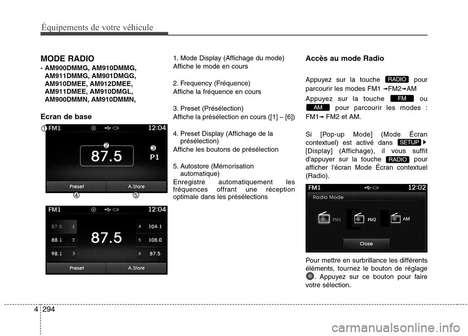 Hyundai Grand Santa Fe 2015  Manuel du propriétaire (in French) 294
4
Équipements de votre véhicule
MODE RADIO  
- AM900DMMG, AM910DMMG,
AM911DMMG, AM901DMGG, 
AM910DMEE, AM912DMEE,
AM911DMEE, AM910DMGL,
AM900DMMN, AM910DMMN,
Ecran de base 1. Mode Display (Affic