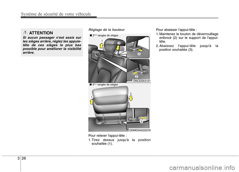Hyundai Grand Santa Fe 2015 Manuel du propriétaire (in French) Système de sécurité de votre véhicule
26
3
Réglage de la hauteur
Pour relever lappui-tête :
1. Tirez dessus jusquà la position
souhaitée (1). Pour abaisser lappui-tête :
1. Maintenez le Hyundai Grand Santa Fe 2015 Manuel du propriétaire (in French) Système de sécurité de votre véhicule
26
3
Réglage de la hauteur
Pour relever lappui-tête :
1. Tirez dessus jusquà la position
souhaitée (1). Pour abaisser lappui-tête :
1. Maintenez le