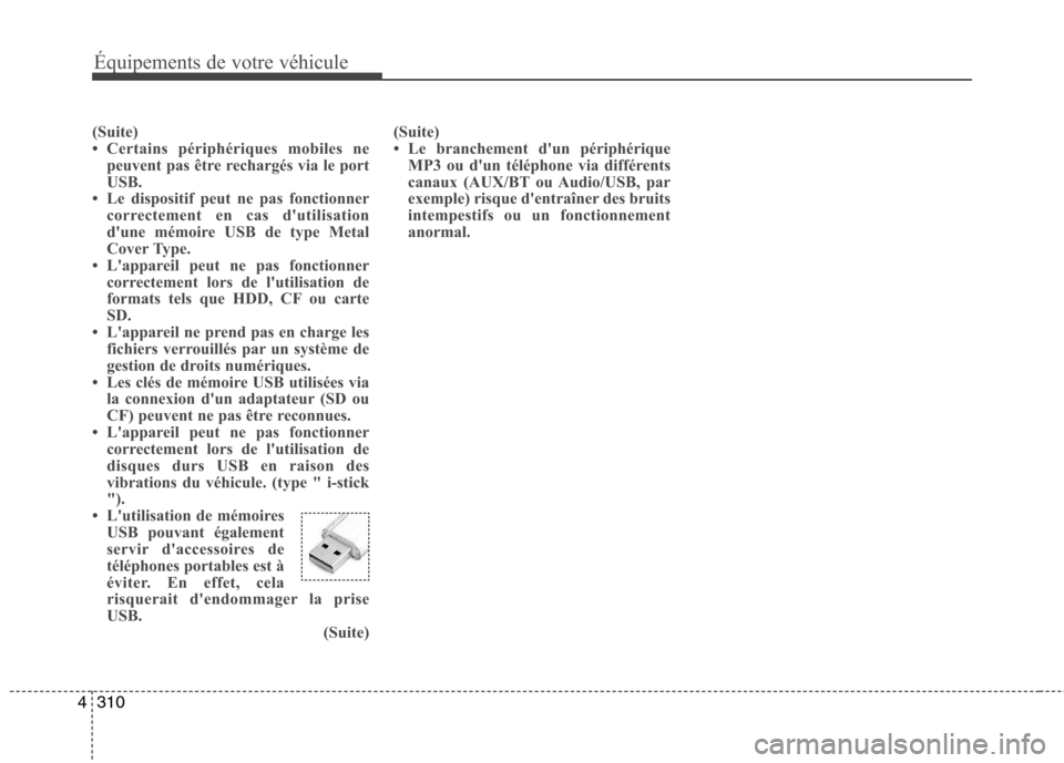 Hyundai Grand Santa Fe 2015 Manuel du propriétaire (in French) 310
4
Équipements de votre véhicule
(Suite)
Certains périphériques mobiles ne
peuvent pas être rechargés via le port
USB.
Le dispositif peut ne pas fonctionner correctement en cas dutilisa Hyundai Grand Santa Fe 2015 Manuel du propriétaire (in French) 310
4
Équipements de votre véhicule
(Suite)
Certains périphériques mobiles ne
peuvent pas être rechargés via le port
USB.
Le dispositif peut ne pas fonctionner correctement en cas dutilisa