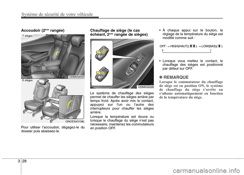 Hyundai Grand Santa Fe 2015  Manuel du propriétaire (in French) Système de sécurité de votre véhicule 
28
3
OFF  � HIGH(HAUT)( )  � LOW(BAS)( )
�
Accoudoir (2 ème
rangée)
Pour utiliser l’accoudoir, dégagez-le du 
dossier puis abaissez-le. Chauffage de si�