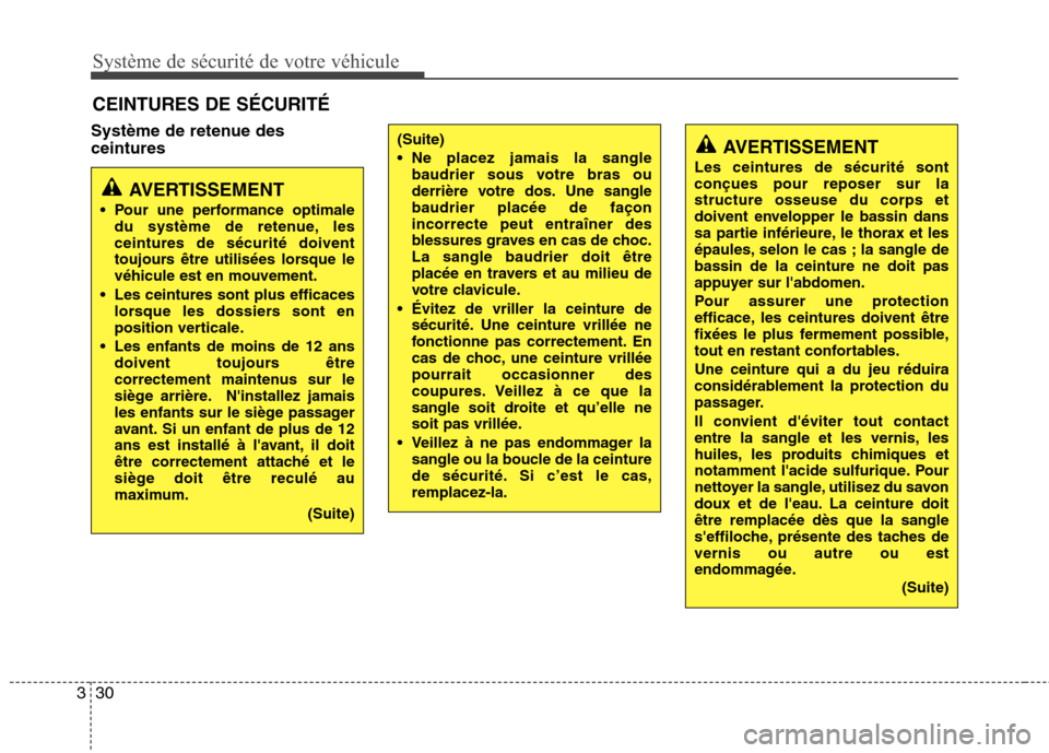 Hyundai Grand Santa Fe 2015  Manuel du propriétaire (in French) Système de sécurité de votre véhicule 
30
3
Système de retenue des ceintures CEINTURES DE SÉCURITÉ
AVERTISSEMENT
 Pour une performance optimale du système de retenue, les ceintures de sécurit