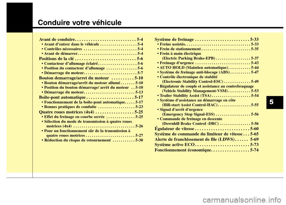 Hyundai Grand Santa Fe 2015 Manuel du propriétaire (in French) Conduire votre véhicule
Avant de conduire. . . . . . . . . . . . . . . . . . . . . . . . . . . 5-4• Avant d’entrer dans le véhicule . . . . . . . . . . . . . . . . . . 5-4
. . . . . . . . . . Hyundai Grand Santa Fe 2015 Manuel du propriétaire (in French) Conduire votre véhicule
Avant de conduire. . . . . . . . . . . . . . . . . . . . . . . . . . . 5-4• Avant d’entrer dans le véhicule . . . . . . . . . . . . . . . . . . 5-4
. . . . . . . . . .