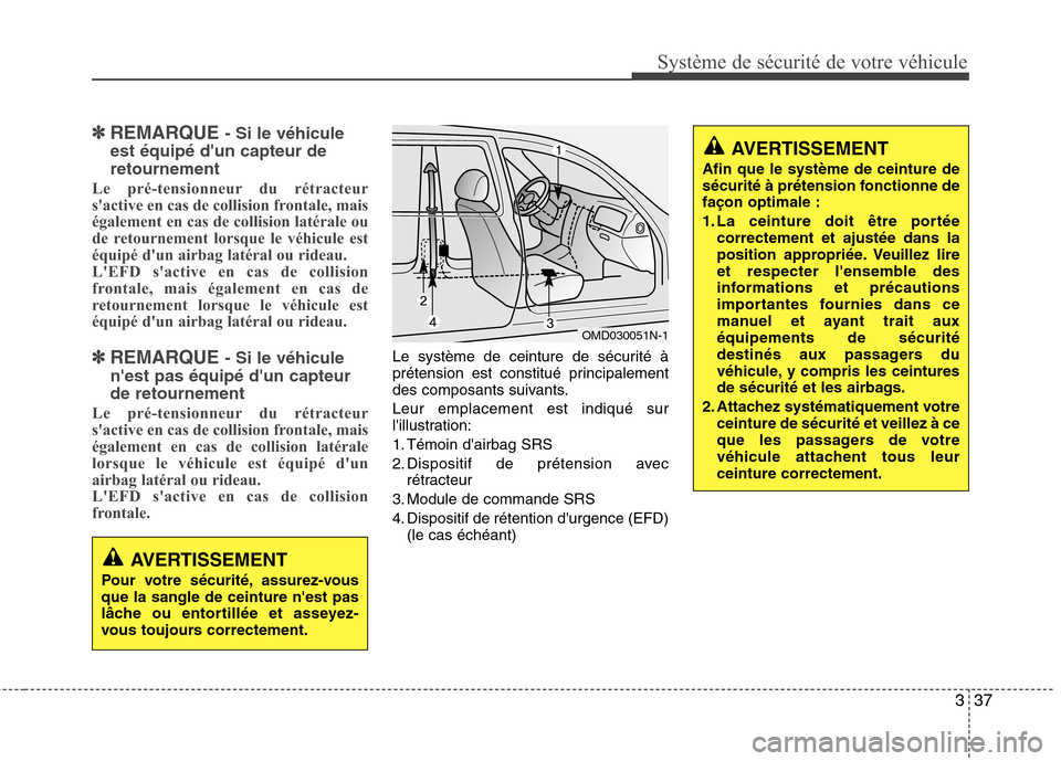 Hyundai Grand Santa Fe 2015  Manuel du propriétaire (in French) 337
Système de sécurité de votre véhicule 
✽✽REMARQUE  - Si le véhicule
est équipé dun capteur de retournement
Le pré-tensionneur du rétracteur 
sactive en cas de collision frontale, ma