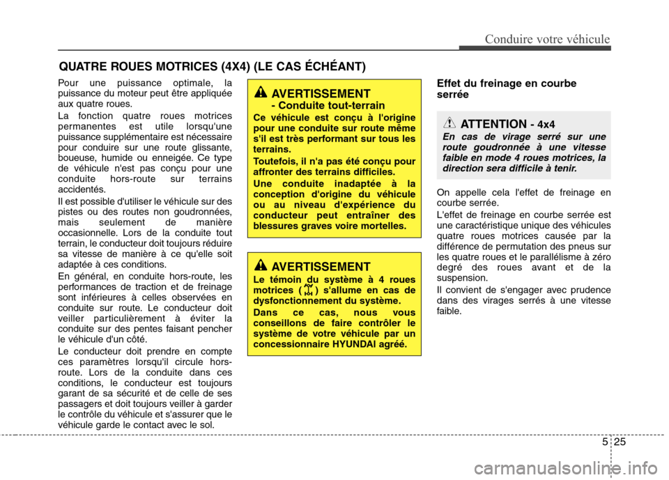 Hyundai Grand Santa Fe 2015  Manuel du propriétaire (in French) 525
Conduire votre véhicule
Pour une puissance optimale, la puissance du moteur peut être appliquée
aux quatre roues. 
La fonction quatre roues motrices 
permanentes est utile lorsquunepuissance s