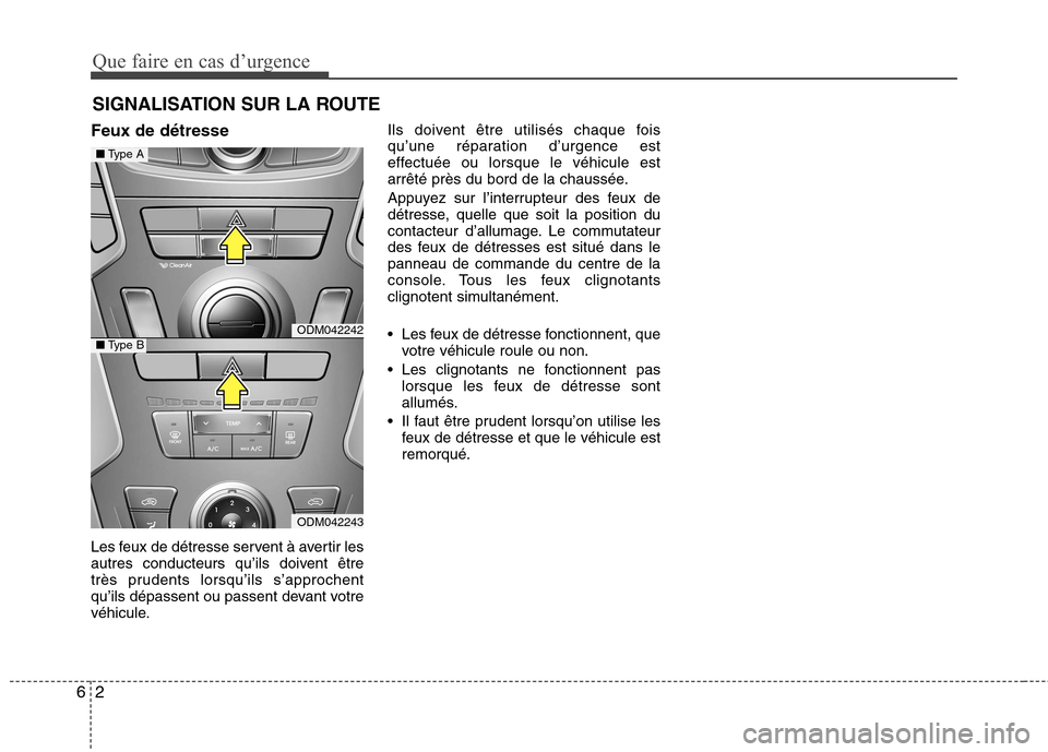 Hyundai Grand Santa Fe 2015 Manuel du propriétaire (in French) Que faire en cas d’urgence
2
6
SIGNALISATION SUR LA ROUTE
Feux de détresse
Les feux de détresse servent à avertir les
autres conducteurs qu’ils doivent être
très prudents lorsqu’ils s’a Hyundai Grand Santa Fe 2015 Manuel du propriétaire (in French) Que faire en cas d’urgence
2
6
SIGNALISATION SUR LA ROUTE
Feux de détresse
Les feux de détresse servent à avertir les
autres conducteurs qu’ils doivent être
très prudents lorsqu’ils s’a