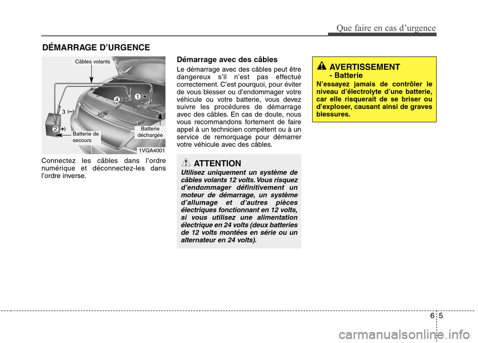 Hyundai Grand Santa Fe 2015 Manuel du propriétaire (in French) 65
Que faire en cas d’urgence
DÉMARRAGE D’URGENCE
Connectez les câbles dans l’ordre
numérique et déconnectez-les dans
l’ordre inverse. Démarrage avec des câbles
Le démarrage avec des Hyundai Grand Santa Fe 2015 Manuel du propriétaire (in French) 65
Que faire en cas d’urgence
DÉMARRAGE D’URGENCE
Connectez les câbles dans l’ordre
numérique et déconnectez-les dans
l’ordre inverse. Démarrage avec des câbles
Le démarrage avec des