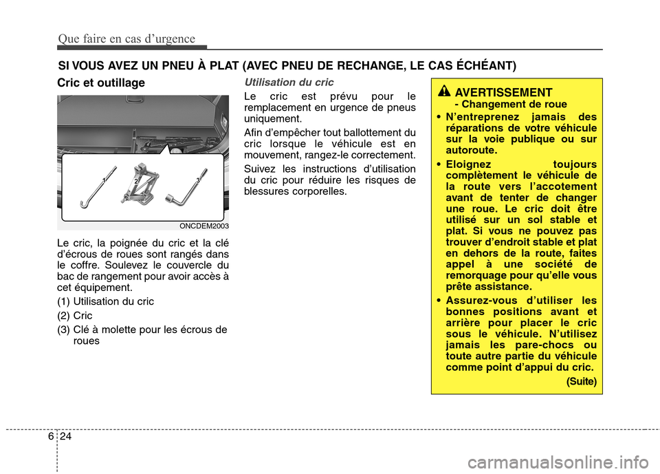 Hyundai Grand Santa Fe 2015 Manuel du propriétaire (in French) Que faire en cas d’urgence
24
6
SI VOUS AVEZ UN PNEU À PLAT (AVEC PNEU DE RECHANGE, LE CAS ÉCHÉANT)
Cric et outillage
Le cric, la poignée du cric et la clé
d’écrous de roues sont rangés d Hyundai Grand Santa Fe 2015 Manuel du propriétaire (in French) Que faire en cas d’urgence
24
6
SI VOUS AVEZ UN PNEU À PLAT (AVEC PNEU DE RECHANGE, LE CAS ÉCHÉANT)
Cric et outillage
Le cric, la poignée du cric et la clé
d’écrous de roues sont rangés d
