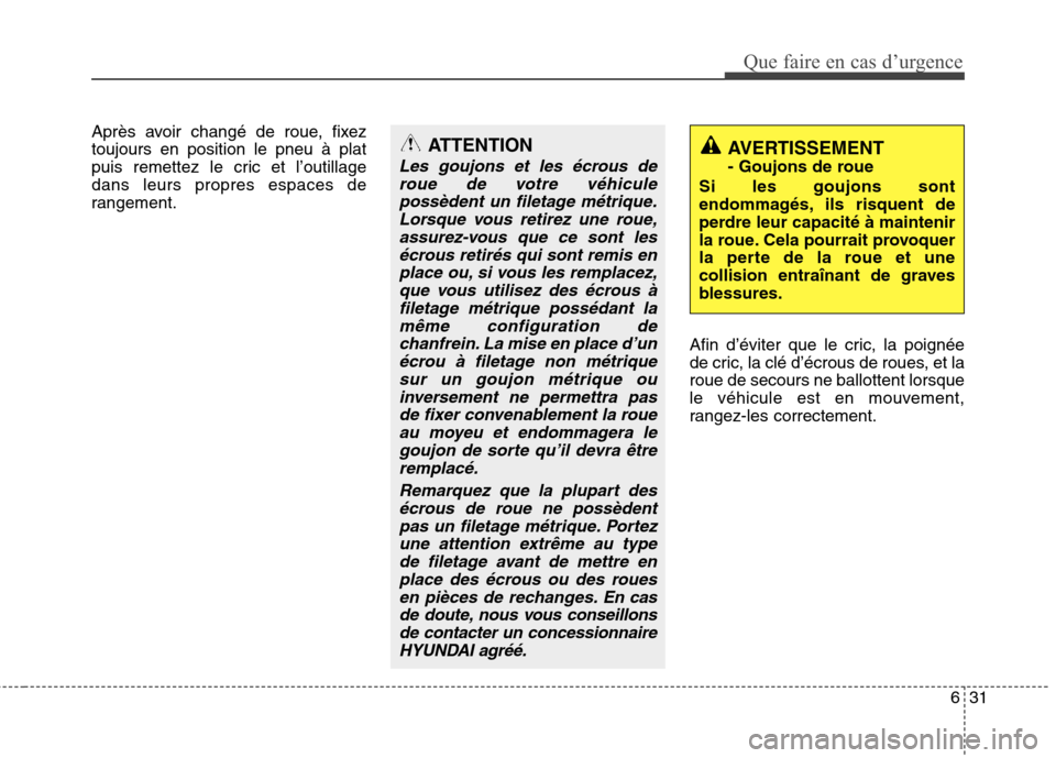 Hyundai Grand Santa Fe 2015  Manuel du propriétaire (in French) 631
Que faire en cas d’urgence
Après avoir changé de roue, fixez toujours en position le pneu à plat
puis remettez le cric et l’outillagedans leurs propres espaces de
rangement.Afin d’éviter