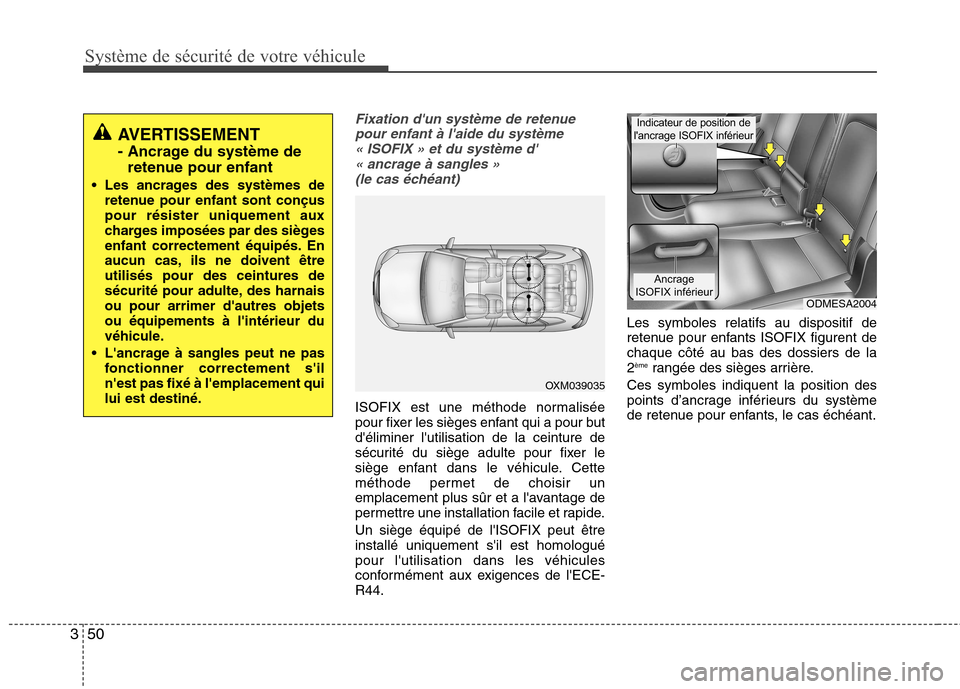 Hyundai Grand Santa Fe 2015  Manuel du propriétaire (in French) Système de sécurité de votre véhicule 
50
3
Fixation dun système de retenue
pour enfant à laide du système « ISOFIX » et du système d « ancrage à sangles » 
(le cas échéant)
ISOFIX e