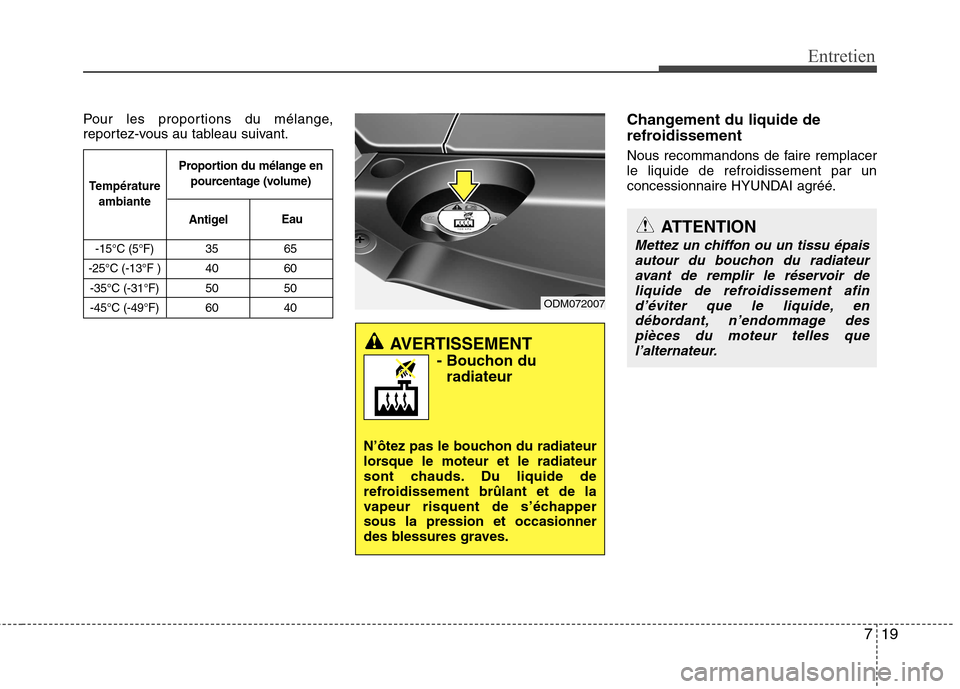 Hyundai Grand Santa Fe 2015 Manuel du propriétaire (in French) 719
Entretien
Pour les proportions du mélange,
reportez-vous au tableau suivant.Changement du liquide de
refroidissement
Nous recommandons de faire remplacer le liquide de refroidissement par un
c Hyundai Grand Santa Fe 2015 Manuel du propriétaire (in French) 719
Entretien
Pour les proportions du mélange,
reportez-vous au tableau suivant.Changement du liquide de
refroidissement
Nous recommandons de faire remplacer le liquide de refroidissement par un
c