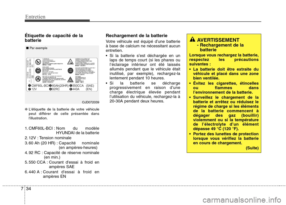 Hyundai Grand Santa Fe 2015 Manuel du propriétaire (in French) Entretien
34
7
Étiquette de capacité de la batterie ❈ Létiquette de la batterie de votre véhicule peut différer de celle présentée dans
lillustration.
1. CMF60L-BCI : Nom du modèle
HYUNDAI Hyundai Grand Santa Fe 2015 Manuel du propriétaire (in French) Entretien
34
7
Étiquette de capacité de la batterie ❈ Létiquette de la batterie de votre véhicule peut différer de celle présentée dans
lillustration.
1. CMF60L-BCI : Nom du modèle
HYUNDAI