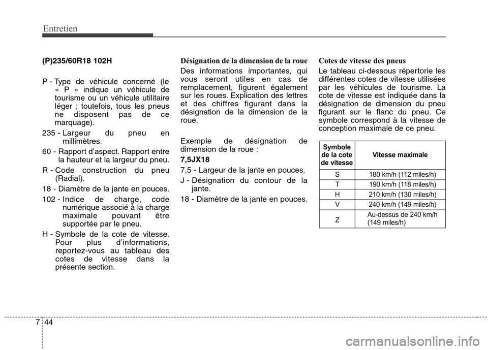 Hyundai Grand Santa Fe 2015 Manuel du propriétaire (in French) Entretien
44
7
(P)235/60R18 102H
P - Type de véhicule concerné (le
« P » indique un véhicule de
tourisme ou un véhicule utilitaire
léger ; toutefois, tous les pneusne disposent pas de cemarq Hyundai Grand Santa Fe 2015 Manuel du propriétaire (in French) Entretien
44
7
(P)235/60R18 102H
P - Type de véhicule concerné (le
« P » indique un véhicule de
tourisme ou un véhicule utilitaire
léger ; toutefois, tous les pneusne disposent pas de cemarq