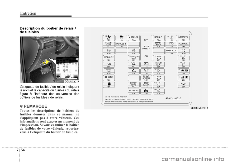 Hyundai Grand Santa Fe 2015 Manuel du propriétaire (in French) Entretien
54
7
Description du boîtier de relais /
de fusibles
L’étiquette de fusible / de relais indiquant
le nom et la capacité du fusible / du relais
figure à l’intérieur des couvercles Hyundai Grand Santa Fe 2015 Manuel du propriétaire (in French) Entretien
54
7
Description du boîtier de relais /
de fusibles
L’étiquette de fusible / de relais indiquant
le nom et la capacité du fusible / du relais
figure à l’intérieur des couvercles