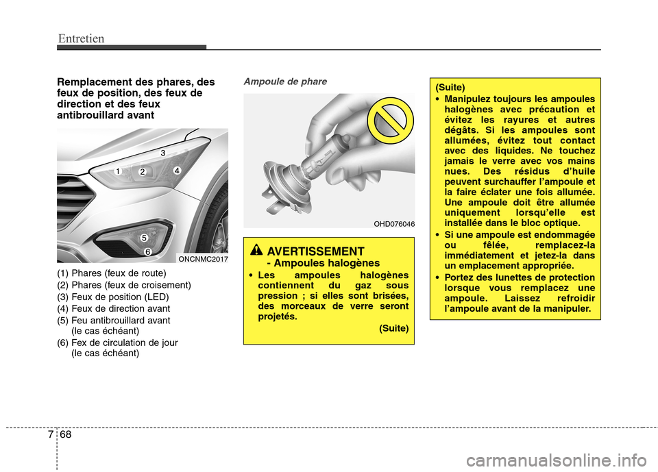Hyundai Grand Santa Fe 2015 Manuel du propriétaire (in French) Entretien
68
7
Remplacement des phares, des
feux de position, des feux de
direction et des feux
antibrouillard avant
(1) Phares (feux de route)
(2) Phares (feux de croisement)
(3) Feux de position Hyundai Grand Santa Fe 2015 Manuel du propriétaire (in French) Entretien
68
7
Remplacement des phares, des
feux de position, des feux de
direction et des feux
antibrouillard avant
(1) Phares (feux de route)
(2) Phares (feux de croisement)
(3) Feux de position