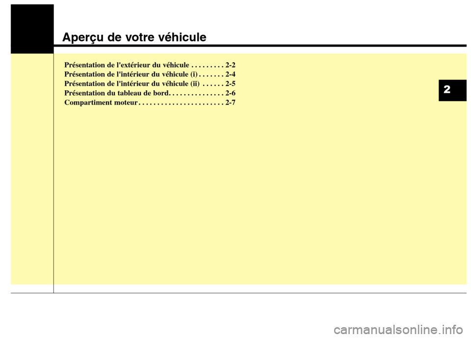 Hyundai Grand Santa Fe 2015  Manuel du propriétaire (in French) Aperçu de votre véhicule
Présentation de lextérieur du véhicule . . . . . . . . . 2-2 
Présentation de lintérieur du véhicule (i) . . . . . . . 2-4
Présentation de lintérieur du véhicule