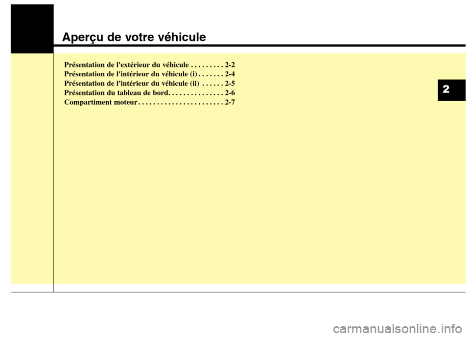 Hyundai Grand Santa Fe 2015 Manuel du propriétaire (in French) Aperçu de votre véhicule
Présentation de lextérieur du véhicule . . . . . . . . . 2-2
Présentation de lintérieur du véhicule (i) . . . . . . . 2-4
Présentation de lintérieur du véhicule Hyundai Grand Santa Fe 2015 Manuel du propriétaire (in French) Aperçu de votre véhicule
Présentation de lextérieur du véhicule . . . . . . . . . 2-2
Présentation de lintérieur du véhicule (i) . . . . . . . 2-4
Présentation de lintérieur du véhicule