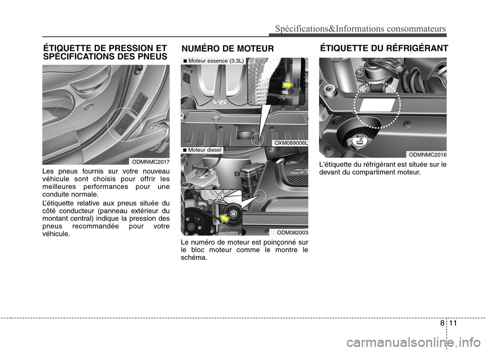 Hyundai Grand Santa Fe 2015 Manuel du propriétaire (in French) 811
Spécifications&Informations consommateurs
Les pneus fournis sur votre nouveau
véhicule sont choisis pour offrir les
meilleures performances pour une
conduite normale.
L’étiquette relative a Hyundai Grand Santa Fe 2015 Manuel du propriétaire (in French) 811
Spécifications&Informations consommateurs
Les pneus fournis sur votre nouveau
véhicule sont choisis pour offrir les
meilleures performances pour une
conduite normale.
L’étiquette relative a