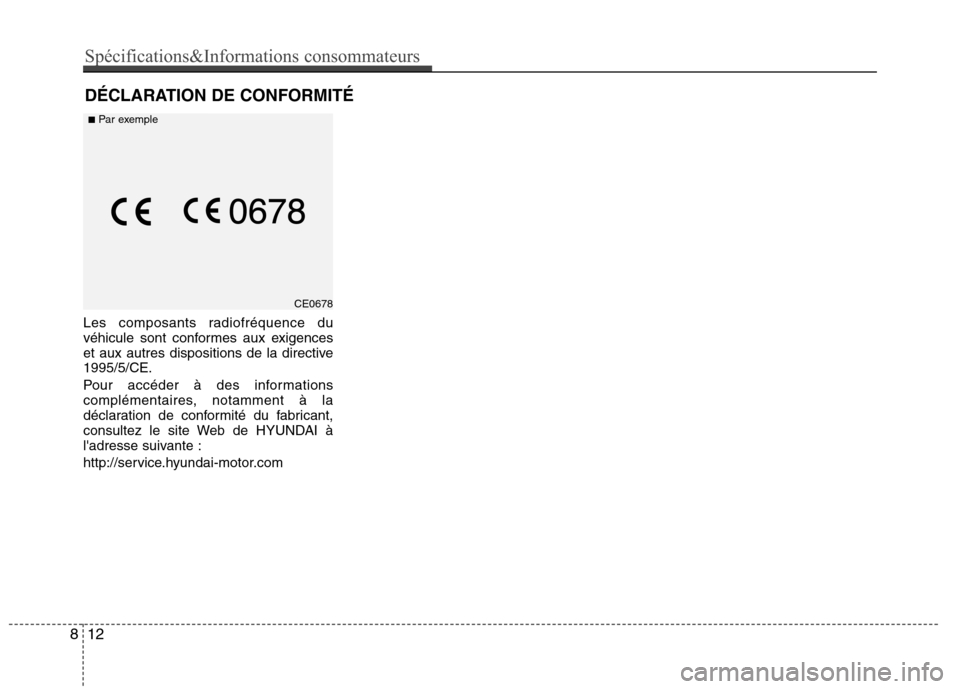 Hyundai Grand Santa Fe 2015 Manuel du propriétaire (in French) Les composants radiofréquence du
véhicule sont conformes aux exigences
et aux autres dispositions de la directive1995/5/CE.
Pour accéder à des informations
complémentaires, notamment à la
dé Hyundai Grand Santa Fe 2015 Manuel du propriétaire (in French) Les composants radiofréquence du
véhicule sont conformes aux exigences
et aux autres dispositions de la directive1995/5/CE.
Pour accéder à des informations
complémentaires, notamment à la
dé