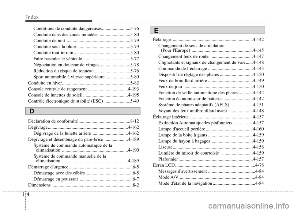 Hyundai Grand Santa Fe 2015  Manuel du propriétaire (in French) Index
4
I
Conditions de conduite dangereuses ........................5-76 
Conduite dans des zones inondées ..........................5-80
Conduite de nuit ...........................................