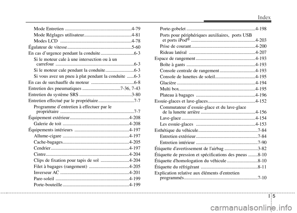 Hyundai Grand Santa Fe 2015  Manuel du propriétaire (in French) I5
Index
Mode Entretien ........................................................4-79 
Mode Réglages utilisateur........................................4-81
Modes LCD  ................................