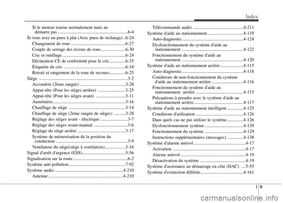 Hyundai Grand Santa Fe 2015  Manuel du propriétaire (in French) I9
Index
Si le moteur tourne normalement mais ne
démarre pas ..............................................................6-4
Si vous avez un pneu à plat (Avec pneu de rechange) ..6-24 Changement d