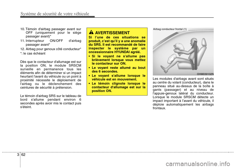 Hyundai Grand Santa Fe 2015  Manuel du propriétaire (in French) Système de sécurité de votre véhicule
62
3
10. Témoin dairbag passager avant sur
OFF (uniquement pour le siège 
passager avant)*
11. Interrupteur ON/OFF dairbag passager avant*
12. Airbag pour