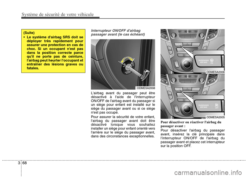 Hyundai Grand Santa Fe 2015  Manuel du propriétaire (in French) Système de sécurité de votre véhicule 
68
3
Interrupteur ON/OFF dairbag
passager avant (le cas échéant)
Lairbag avant du passager peut être 
désactivé à laide de linterrupteur
ON/OFF de 