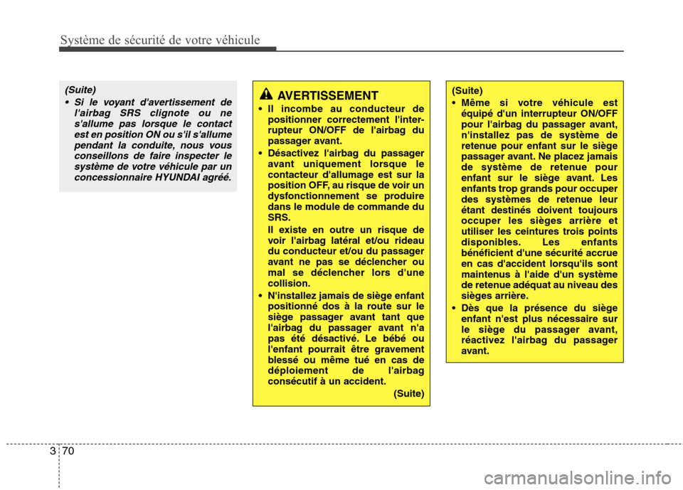 Hyundai Grand Santa Fe 2015  Manuel du propriétaire (in French) Système de sécurité de votre véhicule
70
3
(Suite) 
 Même si votre véhicule est
équipé dun interrupteur ON/OFF 
pour lairbag du passager avant,ninstallez pas de système de
retenue pour enf