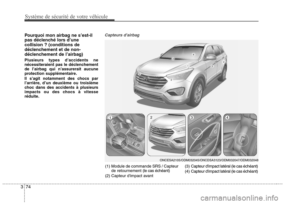 Hyundai Grand Santa Fe 2015 Manuel du propriétaire (in French) Système de sécurité de votre véhicule
74
3
Pourquoi mon airbag ne s’est-il
pas déclenché lors d’unecollision ? (conditions de
déclenchement et de non-
déclenchement de l’airbag)
Plusi Hyundai Grand Santa Fe 2015 Manuel du propriétaire (in French) Système de sécurité de votre véhicule
74
3
Pourquoi mon airbag ne s’est-il
pas déclenché lors d’unecollision ? (conditions de
déclenchement et de non-
déclenchement de l’airbag)
Plusi