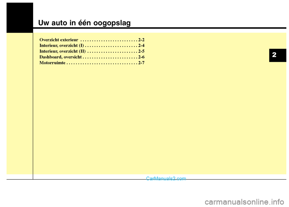 Hyundai Grand Santa Fe 2015  Handleiding (in Dutch) Uw auto in één oogopslag
Overzicht exterieur . . . . . . . . . . . . . . . . . . . . . . . . . 2-2 
Interieur, overzicht (I) . . . . . . . . . . . . . . . . . . . . . . . 2-4
Interieur, overzicht (I