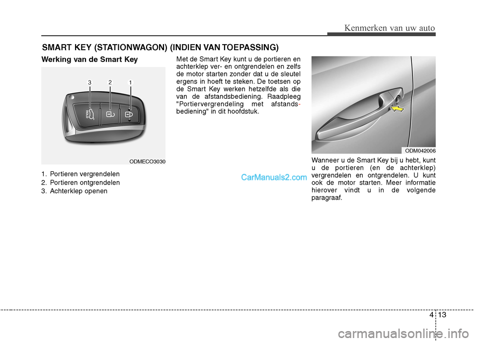 Hyundai Grand Santa Fe 2015 Handleiding (in Dutch) 413
Kenmerken van uw auto
Werking van de Smart Key
1. Portieren vergrendelen
2. Portieren ontgrendelen
3. Achterklep openenMet de Smart Key kunt u de portieren en
achterklep ver- en ontgrendelen en Hyundai Grand Santa Fe 2015 Handleiding (in Dutch) 413
Kenmerken van uw auto
Werking van de Smart Key
1. Portieren vergrendelen
2. Portieren ontgrendelen
3. Achterklep openenMet de Smart Key kunt u de portieren en
achterklep ver- en ontgrendelen en
