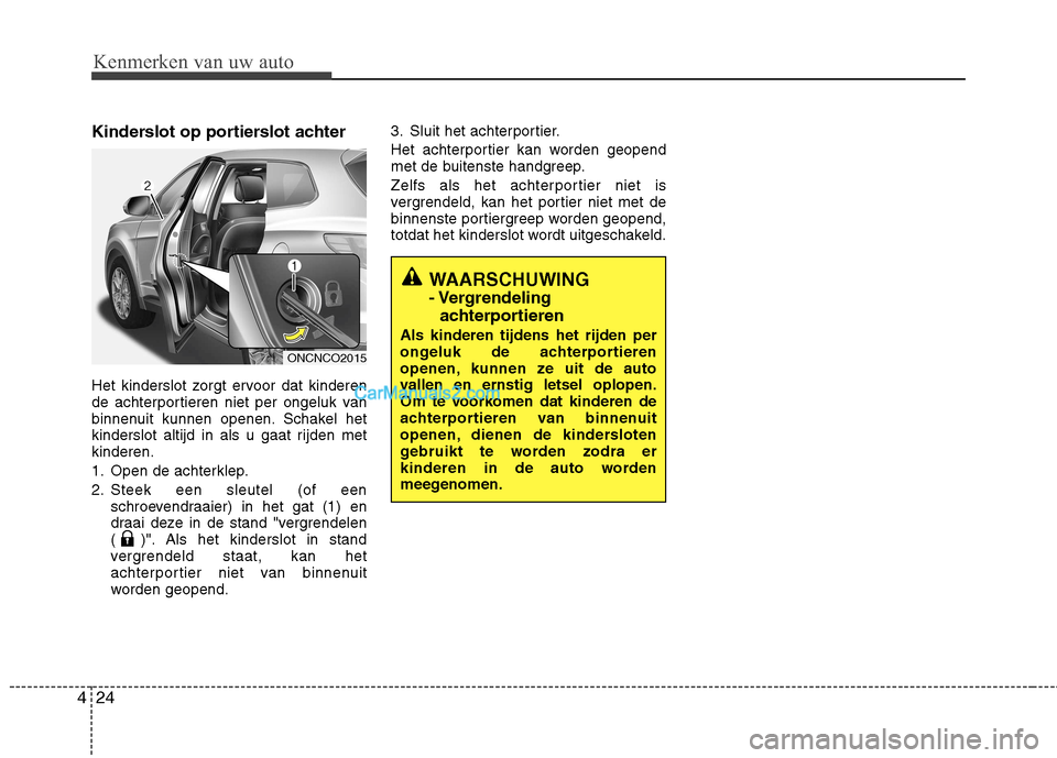 Hyundai Grand Santa Fe 2015  Handleiding (in Dutch) Kenmerken van uw auto
24
4
Kinderslot op portierslot achter 
Het kinderslot zorgt ervoor dat kinderen 
de achterportieren niet per ongeluk van
binnenuit kunnen openen. Schakel het
kinderslot altijd in