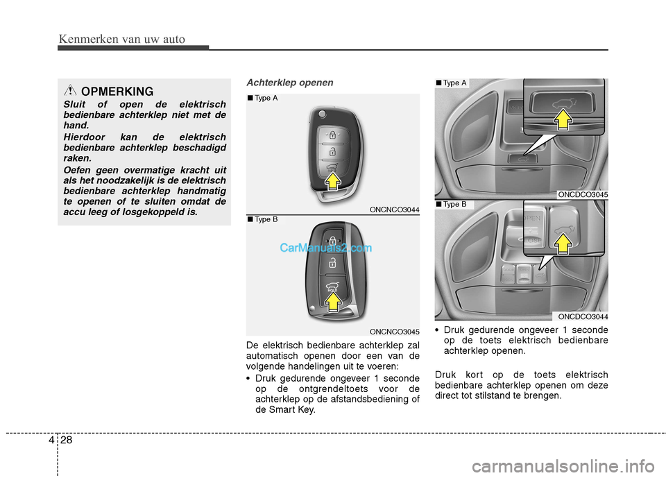 Hyundai Grand Santa Fe 2015  Handleiding (in Dutch) Kenmerken van uw auto
28
4
Achterklep openen
De elektrisch bedienbare achterklep zal 
automatisch openen door een van de
volgende handelingen uit te voeren: 
 Druk gedurende ongeveer 1 seconde
op de o