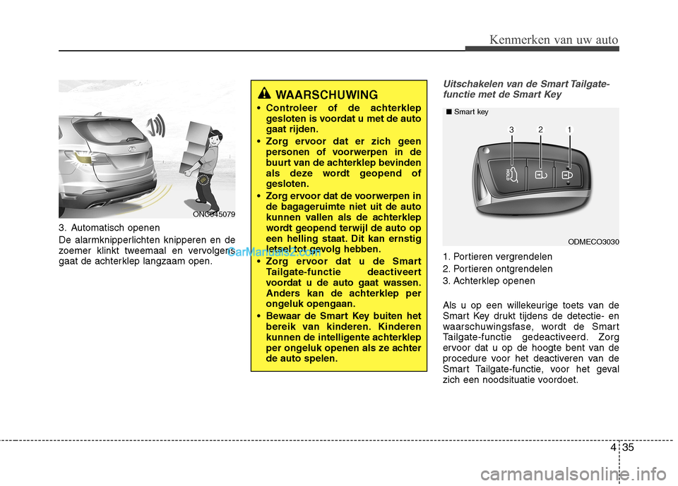 Hyundai Grand Santa Fe 2015  Handleiding (in Dutch) 435
Kenmerken van uw auto
3. Automatisch openen 
De alarmknipperlichten knipperen en de 
zoemer klinkt tweemaal en vervolgens
gaat de achterklep langzaam open.
Uitschakelen van de Smart Tailgate-funct