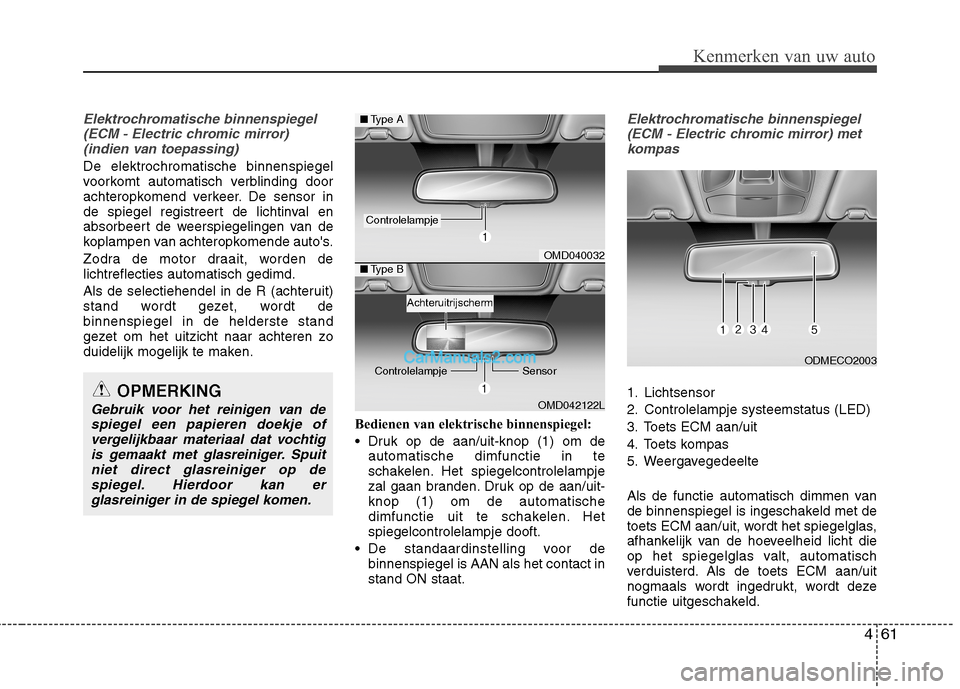 Hyundai Grand Santa Fe 2015 Handleiding (in Dutch) 461
Kenmerken van uw auto
Elektrochromatische binnenspiegel(ECM - Electric chromic mirror)(indien van toepassing)
De elektrochromatische binnenspiegel
voorkomt automatisch verblinding door
achteropko Hyundai Grand Santa Fe 2015 Handleiding (in Dutch) 461
Kenmerken van uw auto
Elektrochromatische binnenspiegel(ECM - Electric chromic mirror)(indien van toepassing)
De elektrochromatische binnenspiegel
voorkomt automatisch verblinding door
achteropko